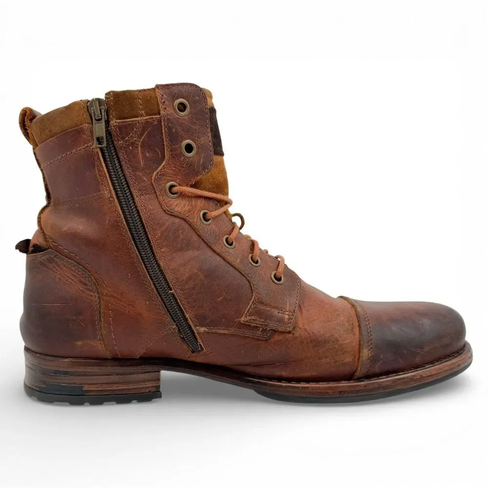 Freebird Men's Distressed Leather Lace Up Zipper Cap Toe Boots Brown EU45/US12